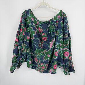 Michel Klein Mimi Liberte tahiti kaki 100% cotton floral top sz 40 L long sleeve